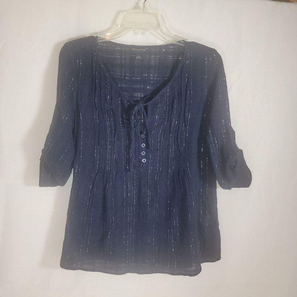 BR Womens Blouse Navy Blue Silver Shimmer Metallic Pintuck Roll-Tab Sleeve Small